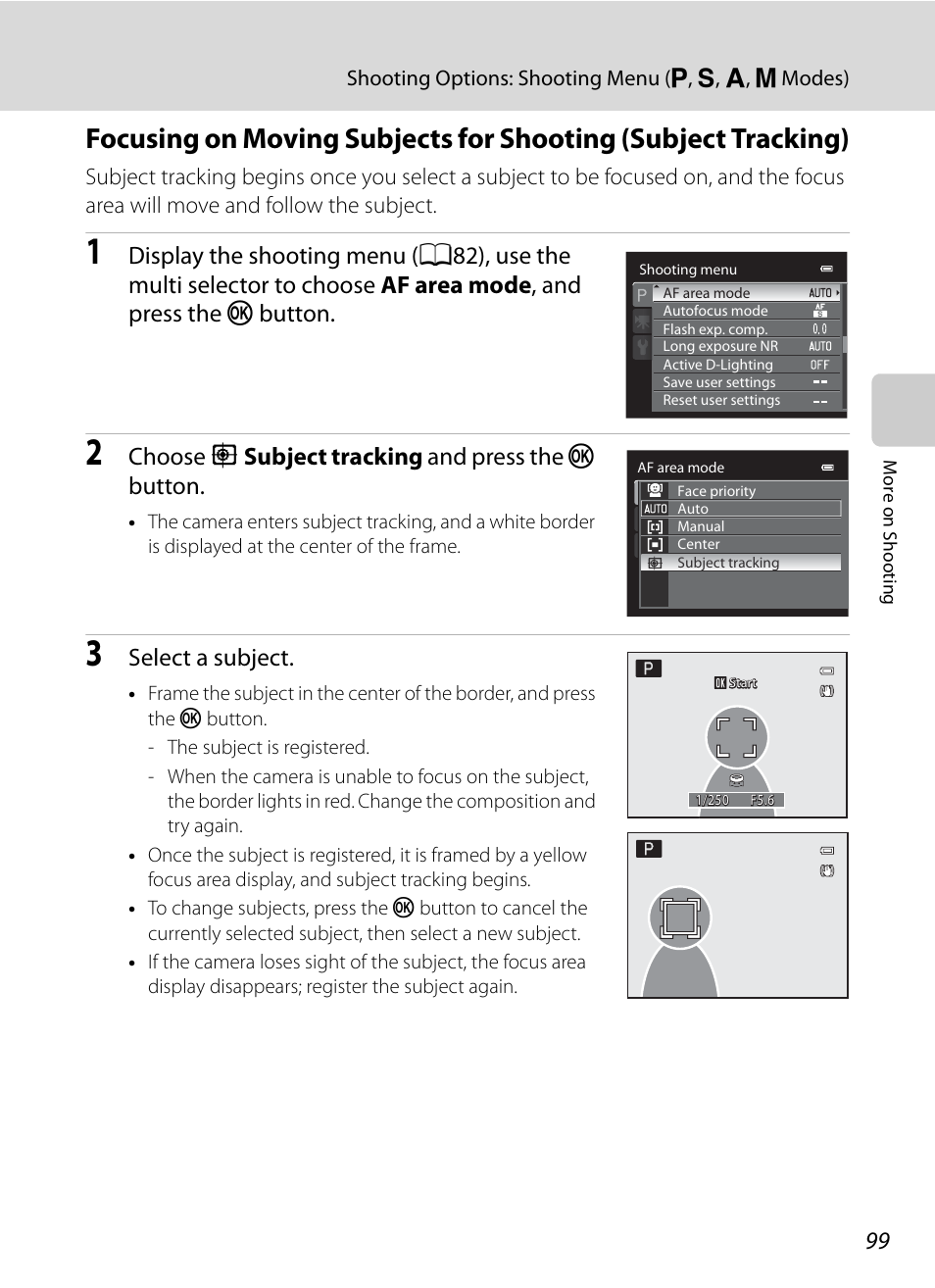 A99), Choose s subject tracking and press the k button, Select a subject | Nikon COOLPIX P500 User Manual | Page 113 / 252