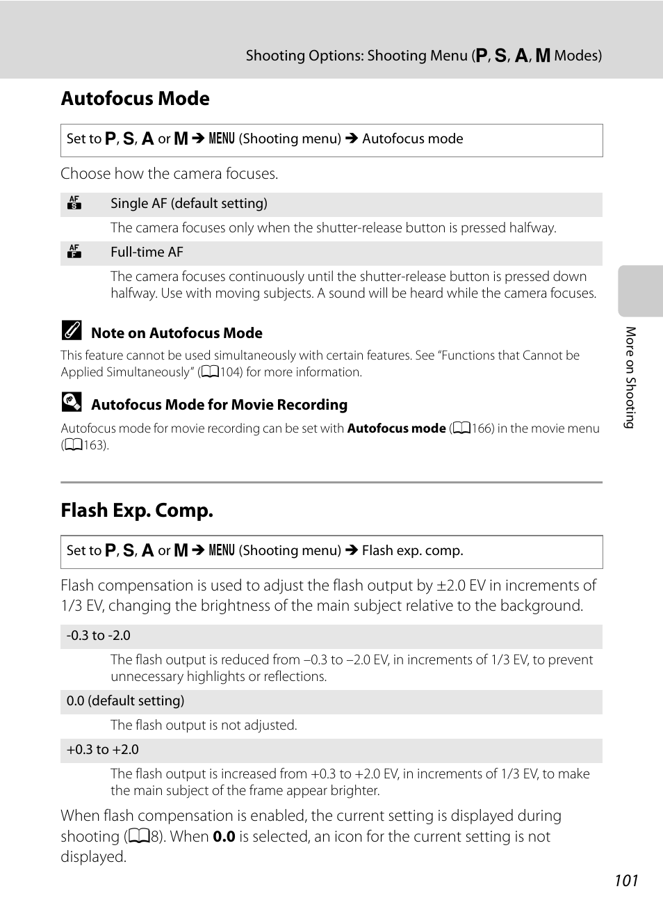 Autofocus mode, Flash exp. comp, Autofocus mode flash exp. comp | A101 | Nikon COOLPIX P500 User Manual | Page 115 / 252