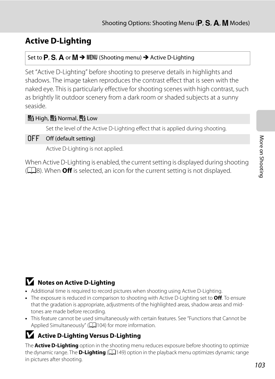 Active d-lighting, A103 | Nikon COOLPIX P500 User Manual | Page 117 / 252