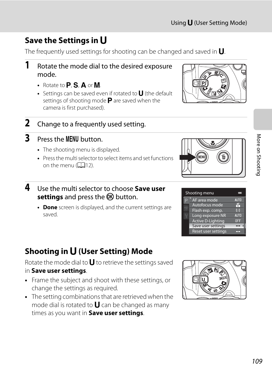 Save the settings in u, Shooting in u (user setting) mode, Save the settings in | Shooting in, M (user setting) mode, A109, Save the settings in m, Shooting in m (user setting) mode | Nikon COOLPIX P500 User Manual | Page 123 / 252