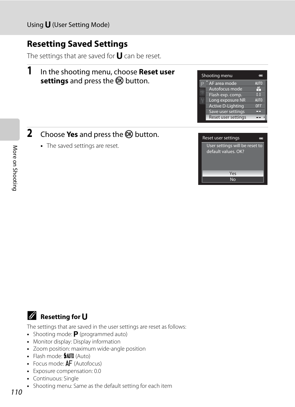 Resetting saved settings, A110 | Nikon COOLPIX P500 User Manual | Page 124 / 252