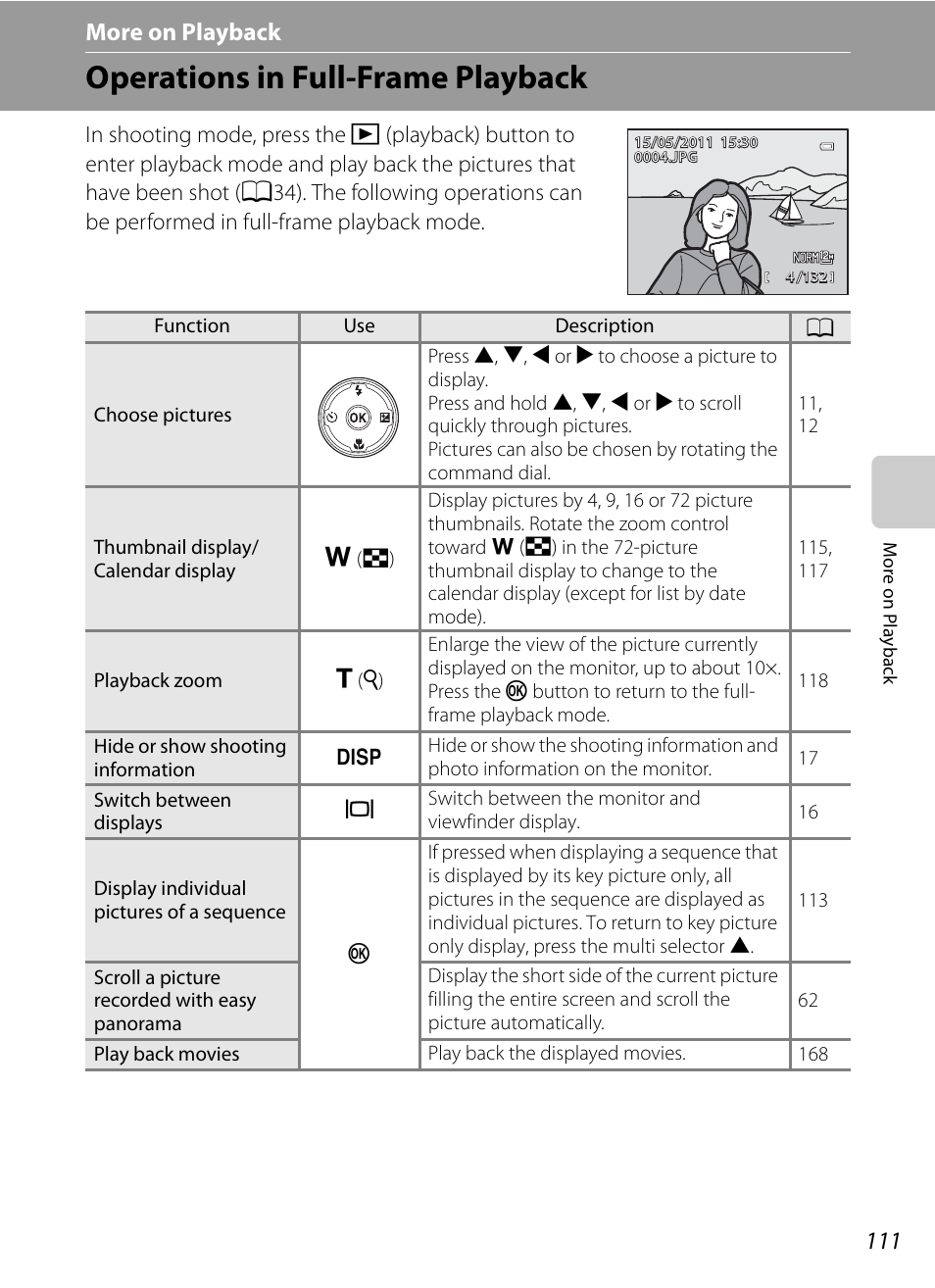 More on playback, Operations in full-frame playback, E “more on playback | A111) or | Nikon COOLPIX P500 User Manual | Page 125 / 252