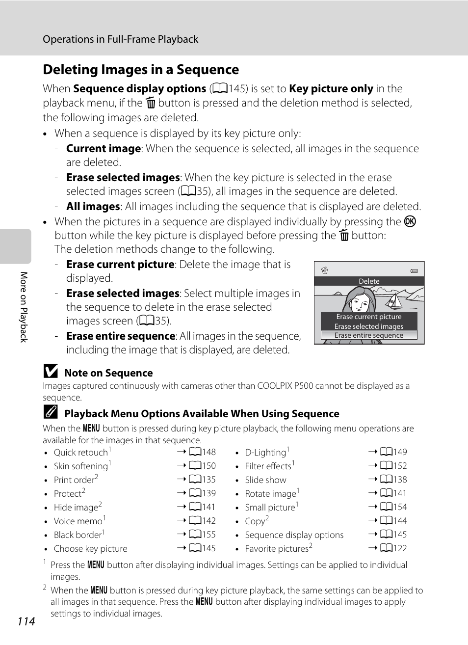 Deleting images in a sequence, Deleting images in a sequence” (a114) | Nikon COOLPIX P500 User Manual | Page 128 / 252