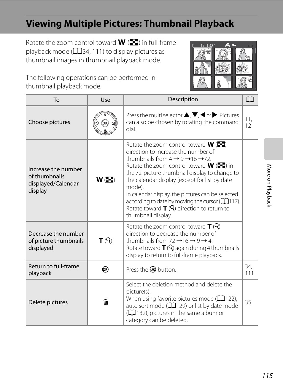 Viewing multiple pictures: thumbnail playback, A115) | Nikon COOLPIX P500 User Manual | Page 129 / 252