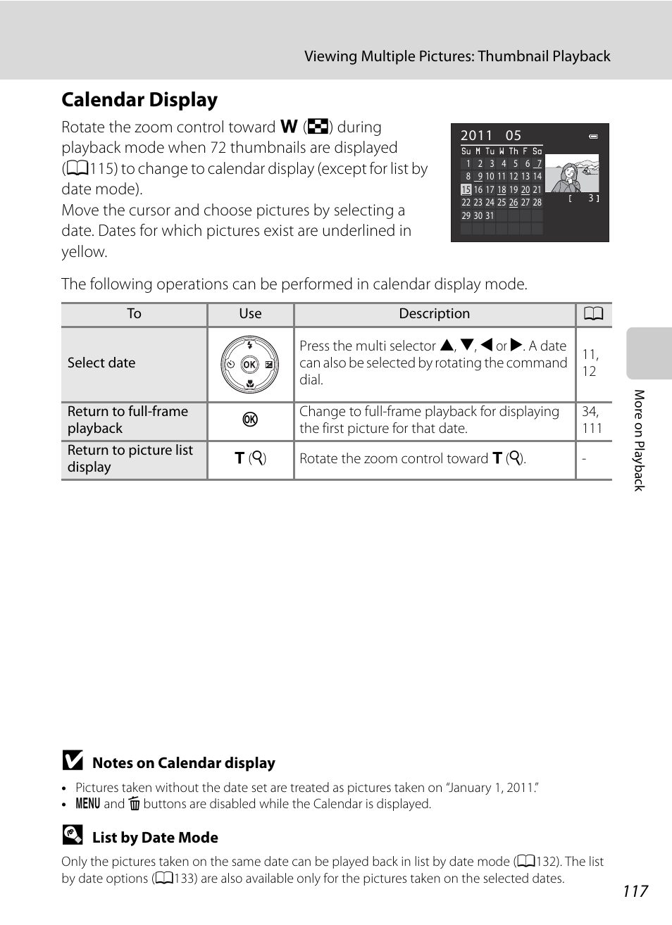 Calendar display, A117) | Nikon COOLPIX P500 User Manual | Page 131 / 252