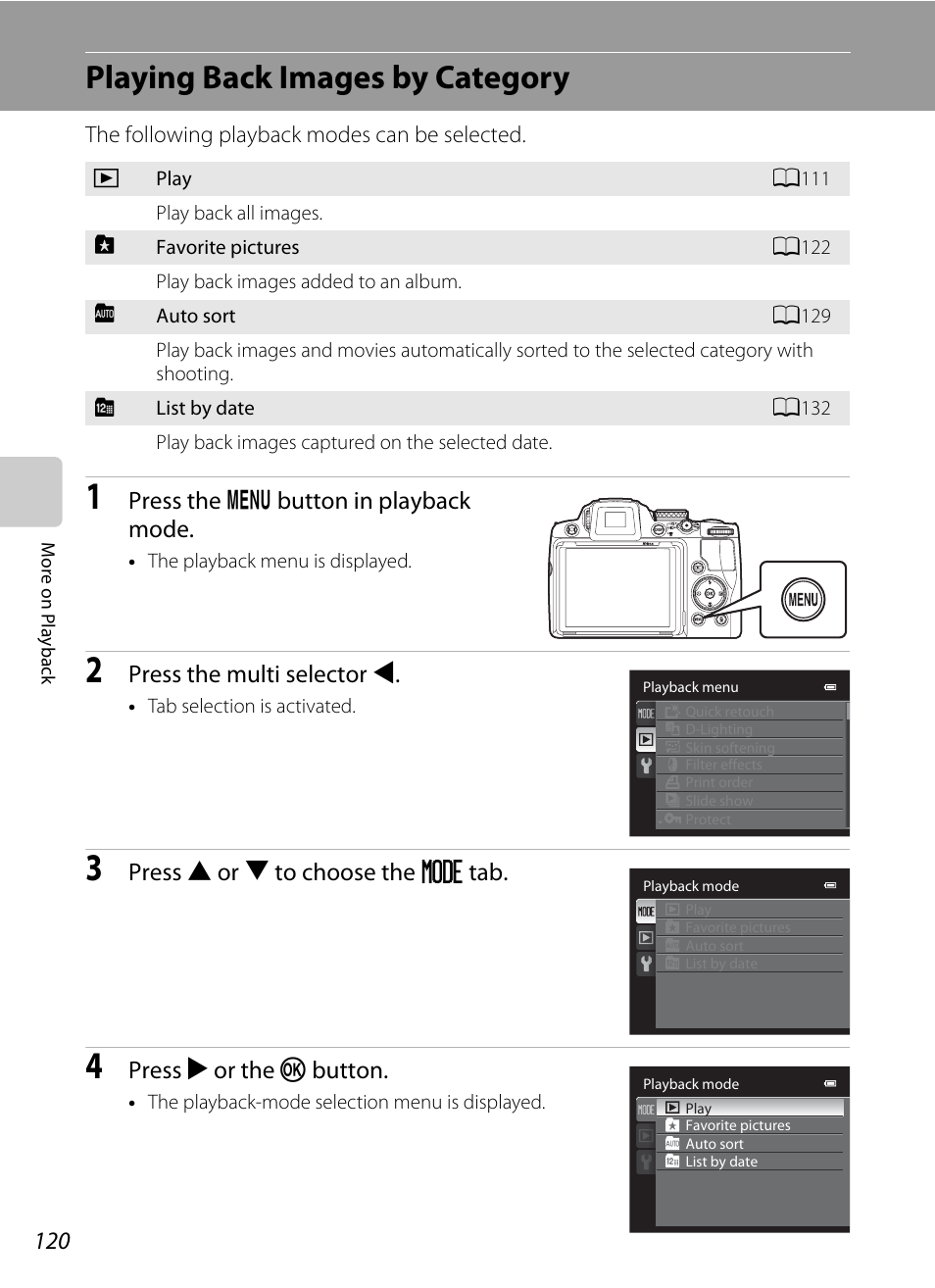 Playing back images by category | Nikon COOLPIX P500 User Manual | Page 134 / 252