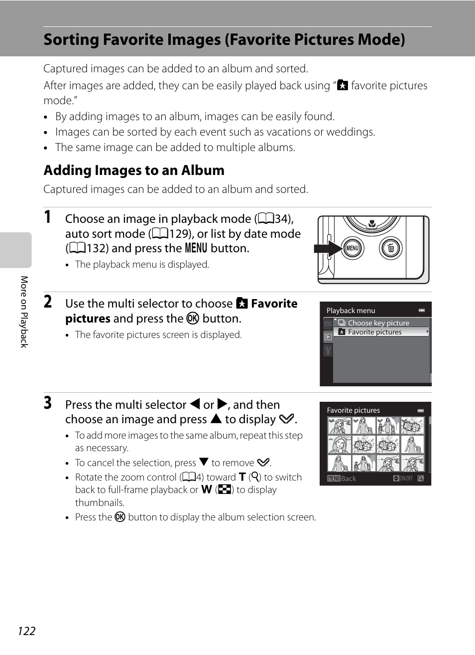 Sorting favorite images (favorite pictures mode), Adding images to an album, A122), auto sort mode | A122, A122), Es mode | Nikon COOLPIX P500 User Manual | Page 136 / 252