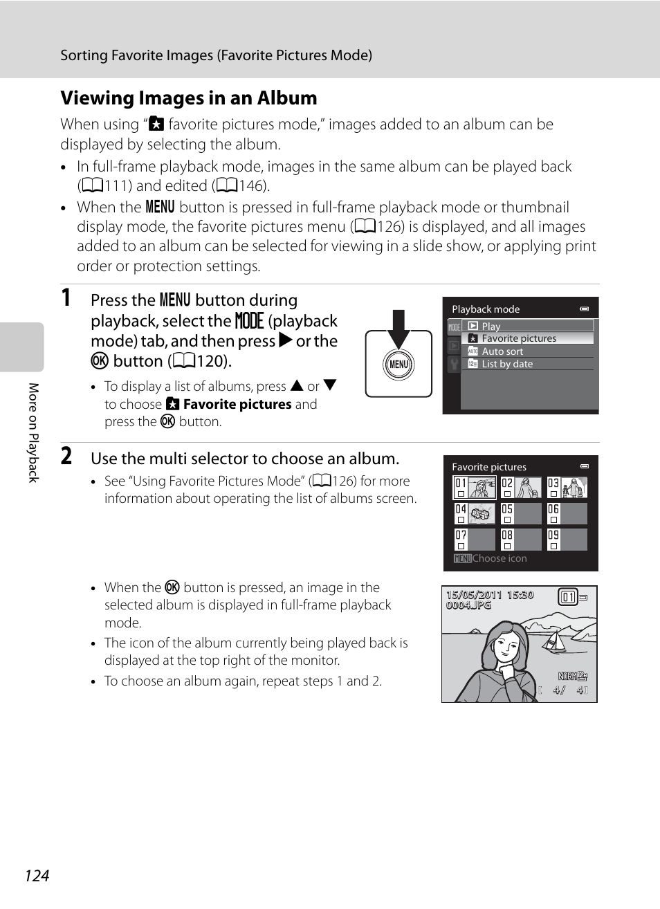 Viewing images in an album, Use the multi selector to choose an album | Nikon COOLPIX P500 User Manual | Page 138 / 252