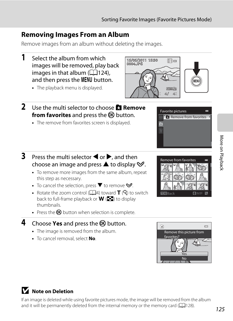 Removing images from an album, E “removing images from an album, A125) for | Choose yes and press the k button | Nikon COOLPIX P500 User Manual | Page 139 / 252