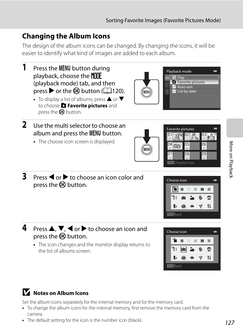 Changing the album icons | Nikon COOLPIX P500 User Manual | Page 141 / 252