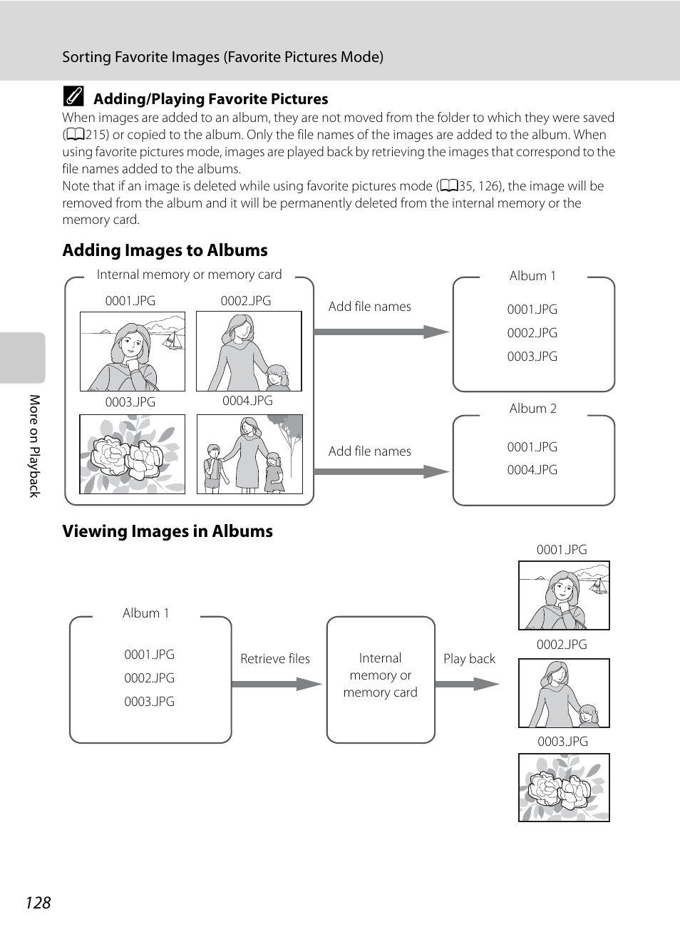 A128), Adding images to albums viewing images in albums | Nikon COOLPIX P500 User Manual | Page 142 / 252