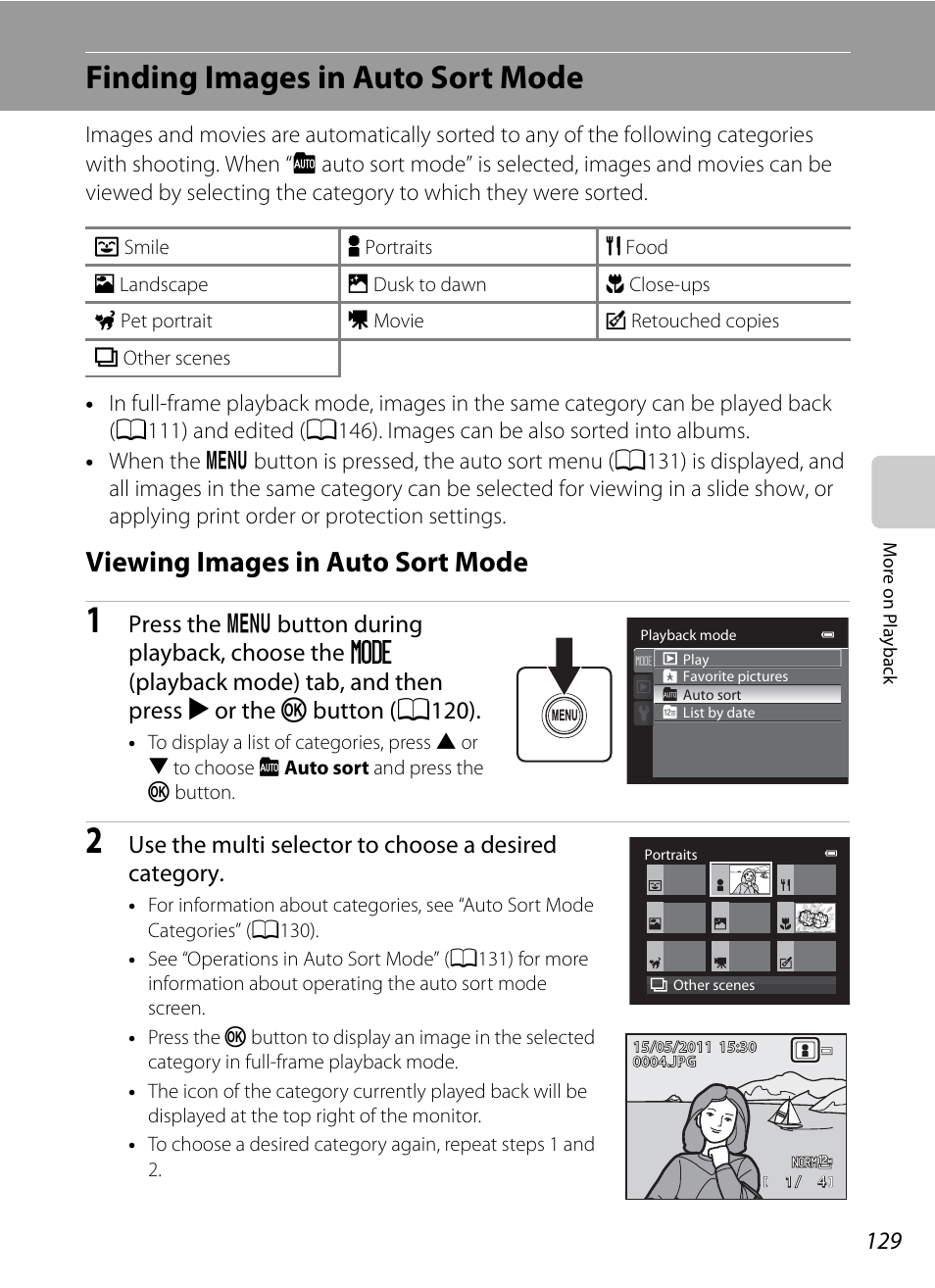 Finding images in auto sort mode, Viewing images in auto sort mode, A129), or list by | A129) or list by date mode, A129), A129) or, A129, A129), or list by date mode | Nikon COOLPIX P500 User Manual | Page 143 / 252