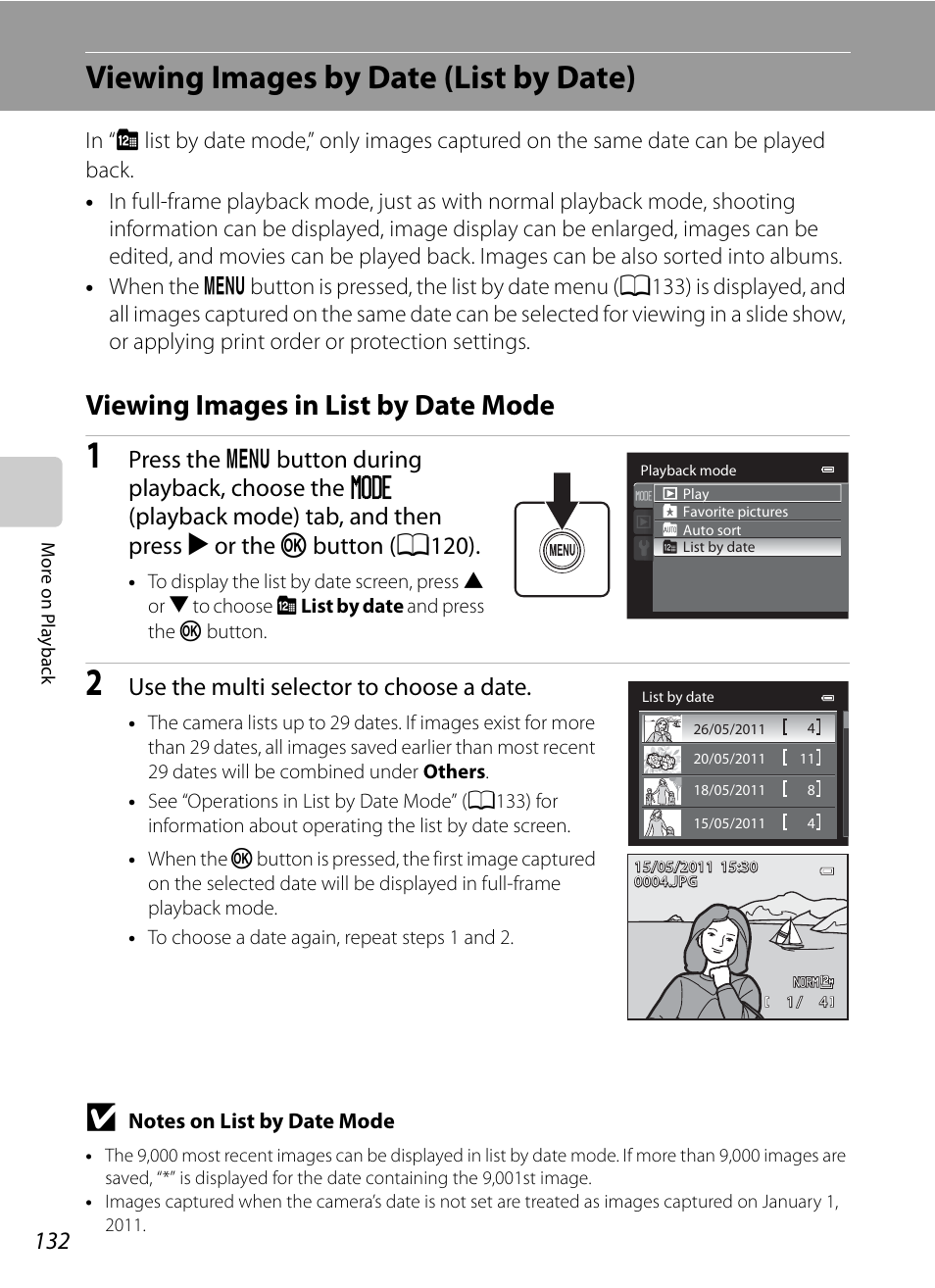 Viewing images by date (list by date), Viewing images in list by date mode, A132), pictur | A132), pictures in, A132). t, A132, A132), Use the multi selector to choose a date | Nikon COOLPIX P500 User Manual | Page 146 / 252