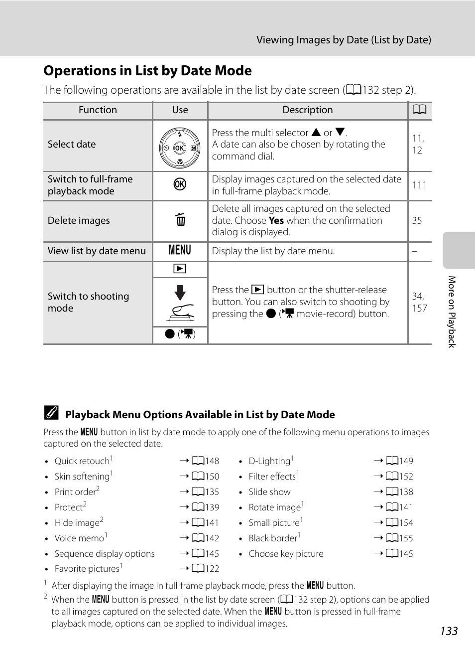 Operations in list by date mode, A133) ar, A133) is display | E “operations in list by date mode, A133) f | Nikon COOLPIX P500 User Manual | Page 147 / 252