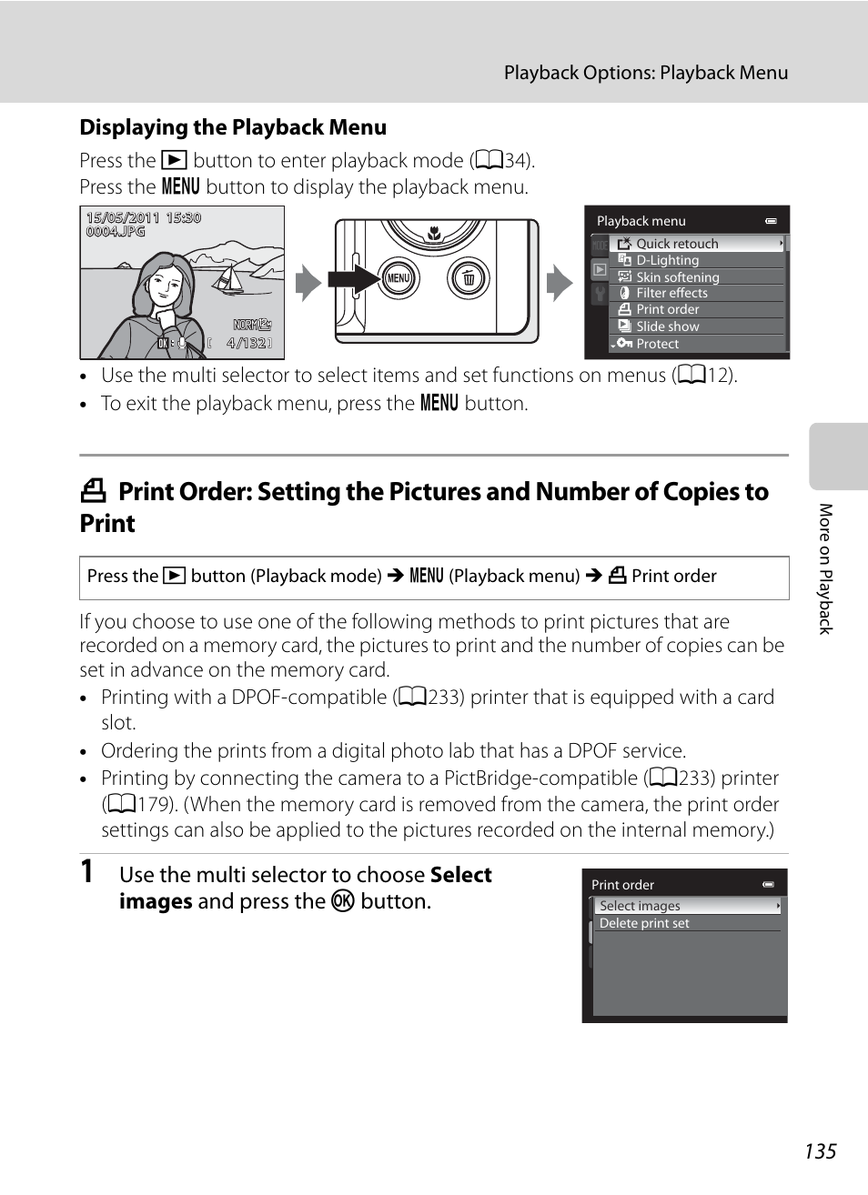 Nu (a135) af, A135, A135) and | Displaying the playback menu | Nikon COOLPIX P500 User Manual | Page 149 / 252