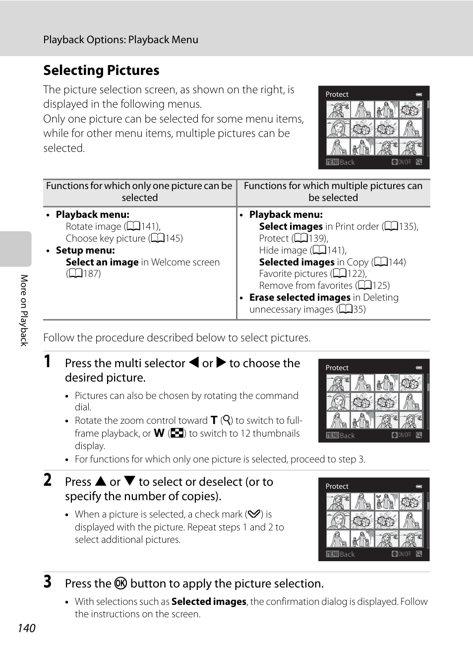 Selecting pictures, A140) f, Press the k button to apply the picture selection | Nikon COOLPIX P500 User Manual | Page 154 / 252