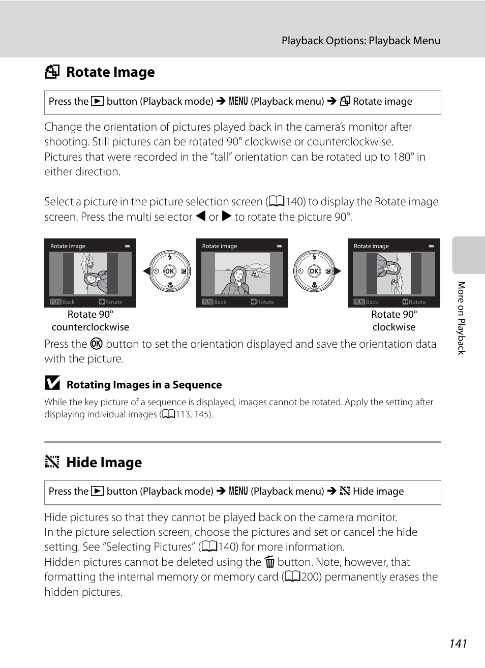 Rotate image, Hide image, F rotate image i hide image | A141) in the, A141, A141), F rotate image, I hide image | Nikon COOLPIX P500 User Manual | Page 155 / 252