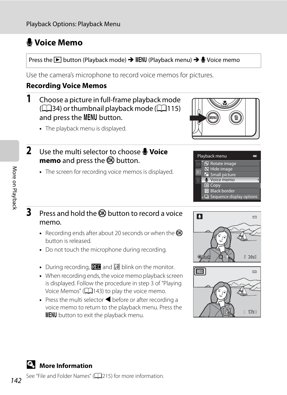 Voice memo, E voice memo, A142 | Nikon COOLPIX P500 User Manual | Page 156 / 252