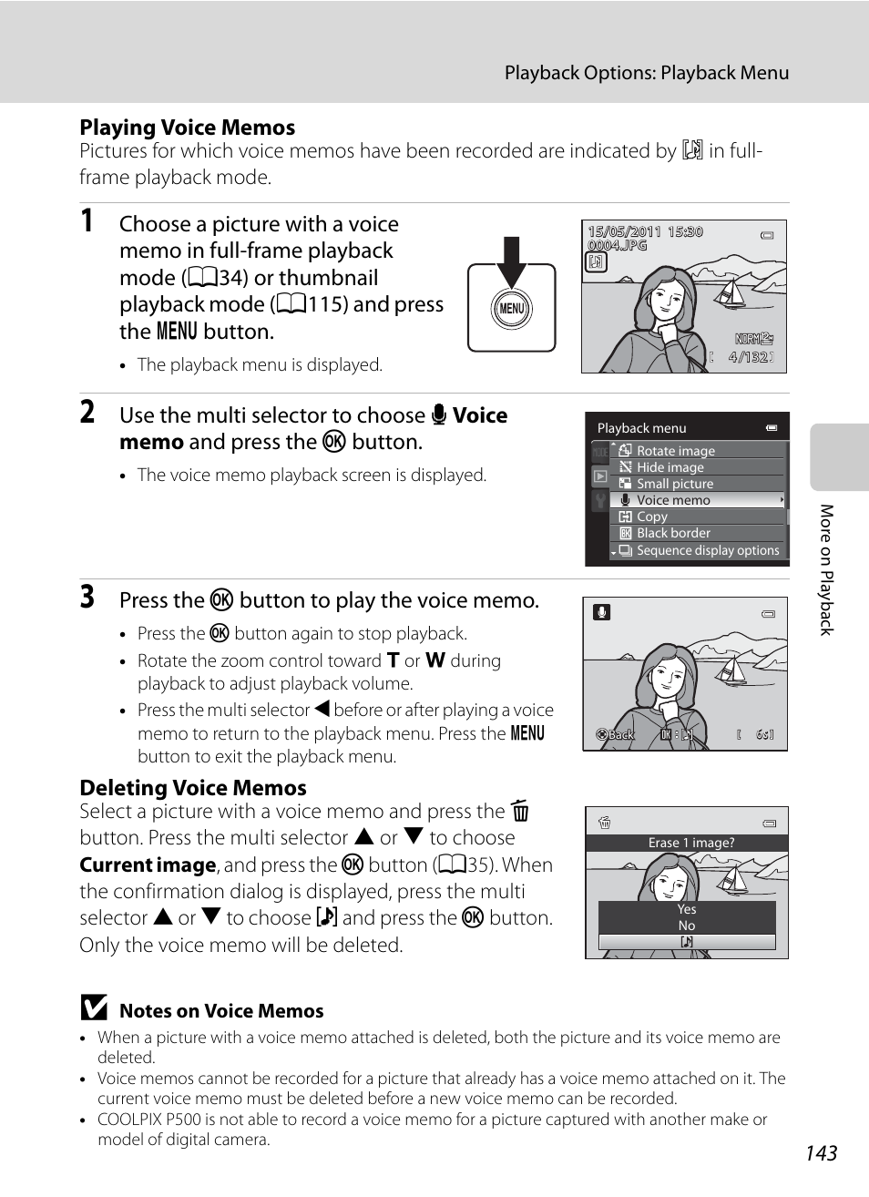 A143) is delet, Playing voice memos, A143) | Nikon COOLPIX P500 User Manual | Page 157 / 252