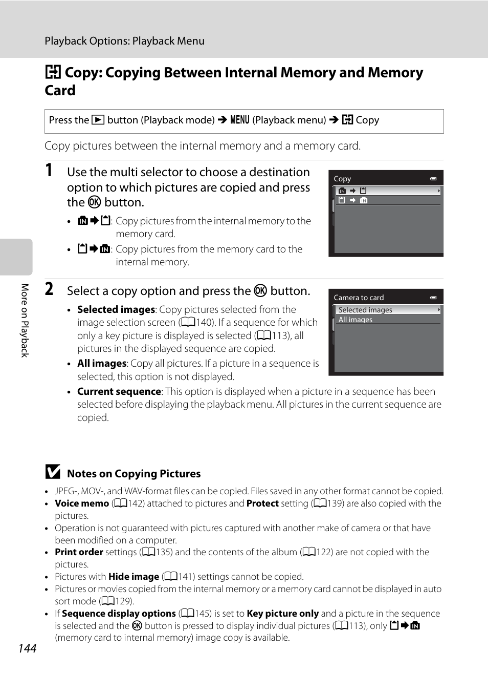 A144, A144), Select a copy option and press the k button | Nikon COOLPIX P500 User Manual | Page 158 / 252