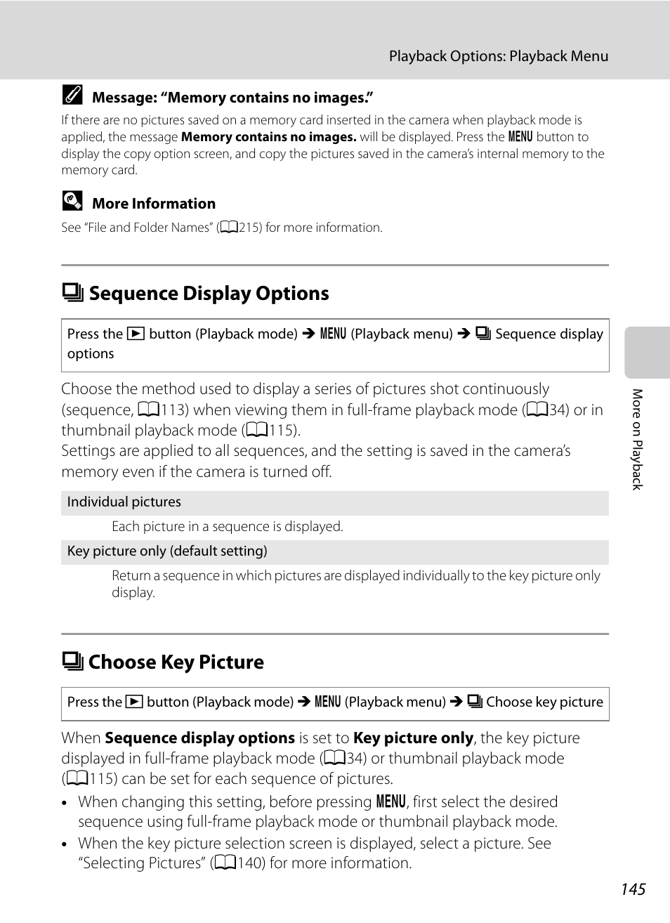 Sequence display options, Choose key picture, C sequence display options c choose key picture | A145, A145) i, A145) is set t, A145), C sequence display options, C choose key picture | Nikon COOLPIX P500 User Manual | Page 159 / 252