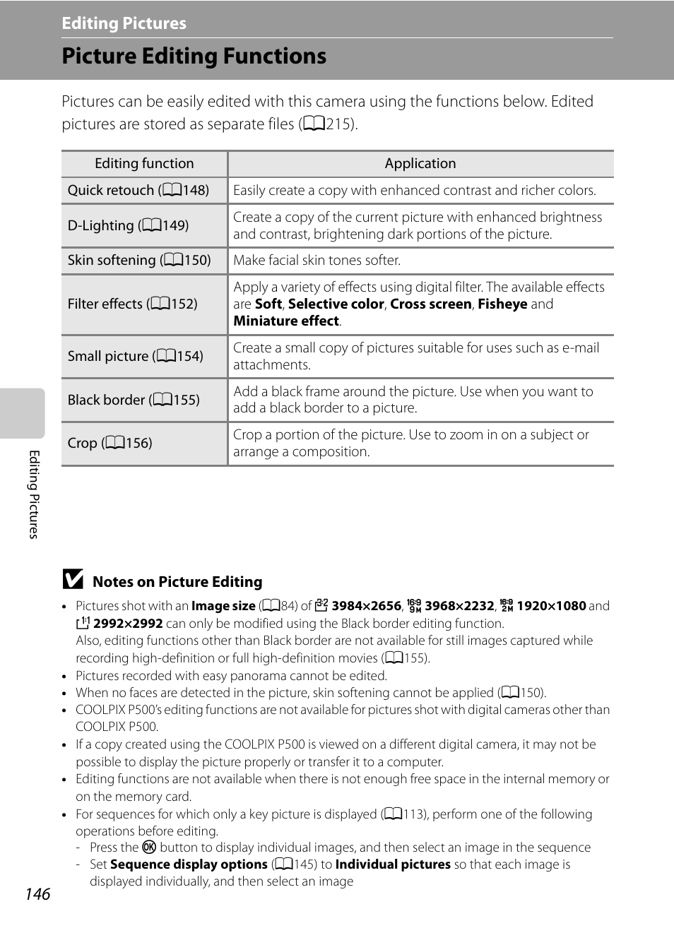Editing pictures, Picture editing functions, A146) | A146). images can b, Tion | Nikon COOLPIX P500 User Manual | Page 160 / 252
