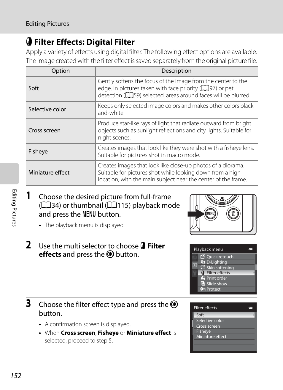 Filter effects: digital filter, P filter effects: digital filter, A152 | A152) | Nikon COOLPIX P500 User Manual | Page 166 / 252