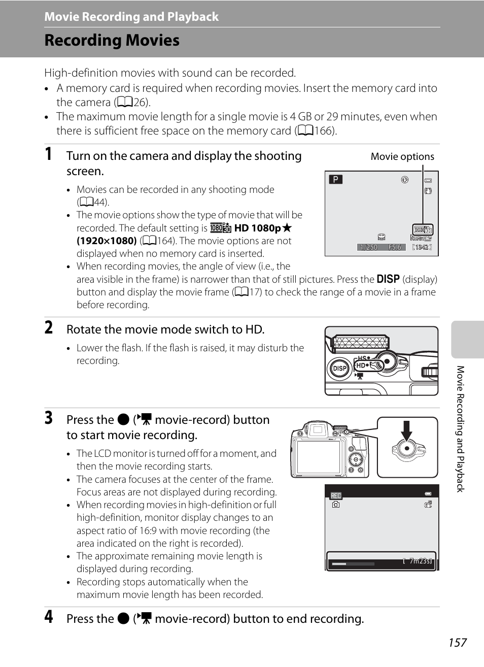 Movie recording and playback, Recording movies, A157 | A157) | Nikon COOLPIX P500 User Manual | Page 171 / 252