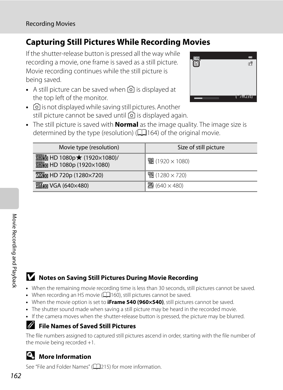 Capturing still pictures while recording movies | Nikon COOLPIX P500 User Manual | Page 176 / 252