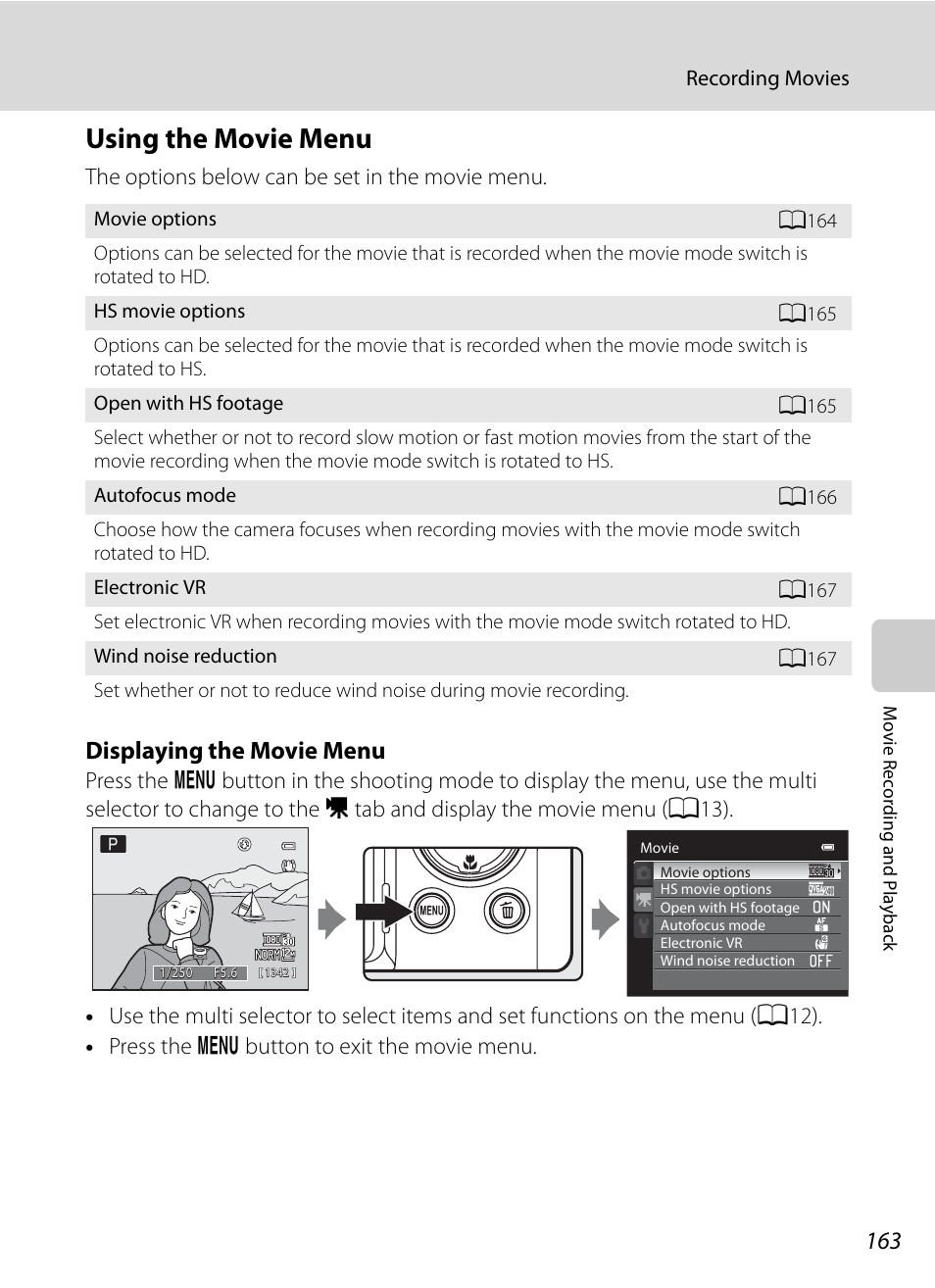 Using the movie menu, A163, A163) | Displaying the movie menu | Nikon COOLPIX P500 User Manual | Page 177 / 252