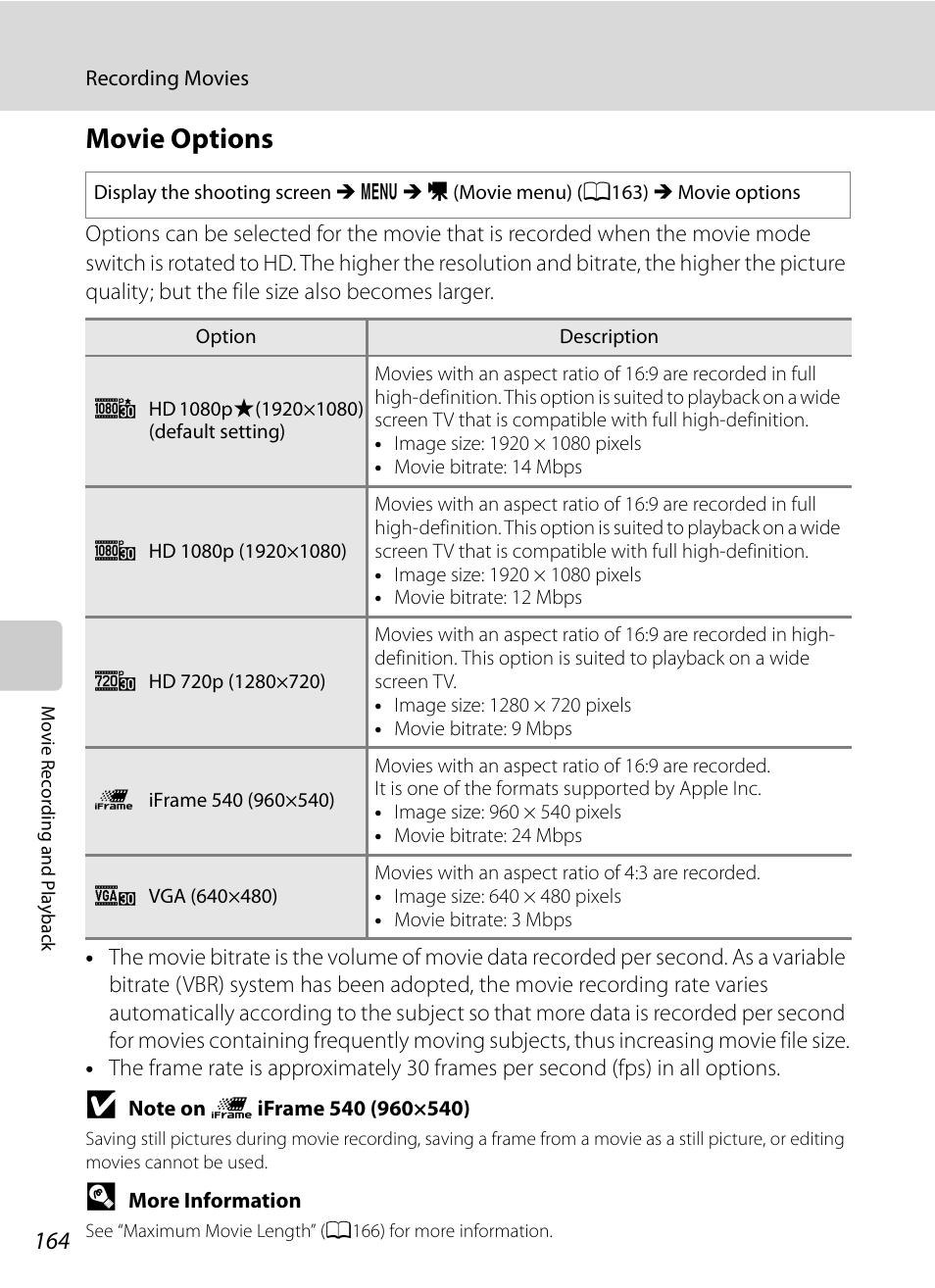 Movie options, A164), Esolution) | A164) of the or, A164 | Nikon COOLPIX P500 User Manual | Page 178 / 252