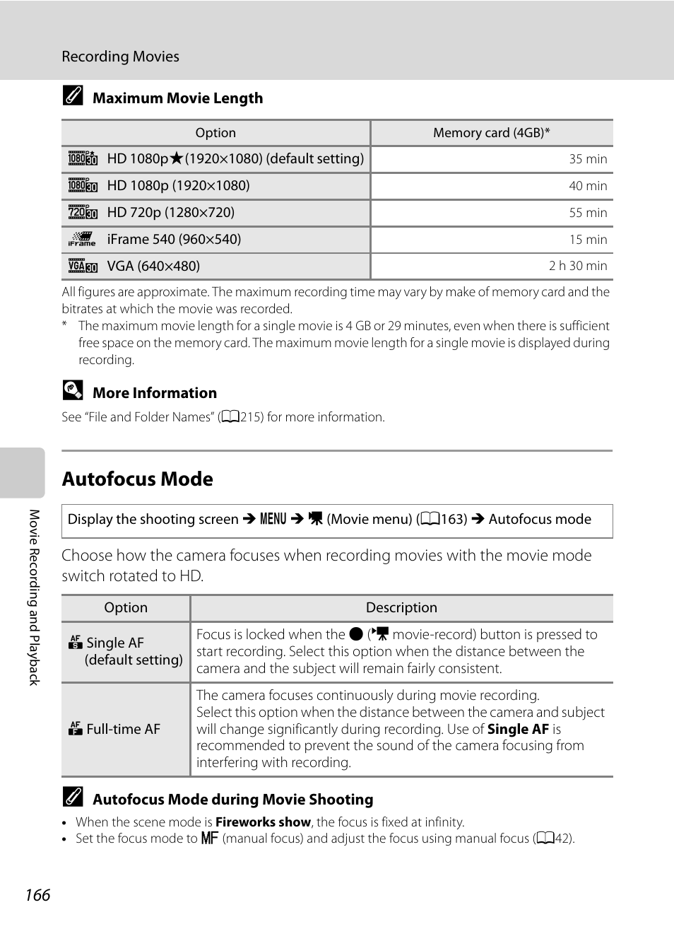Autofocus mode, A166), A166 | Nikon COOLPIX P500 User Manual | Page 180 / 252
