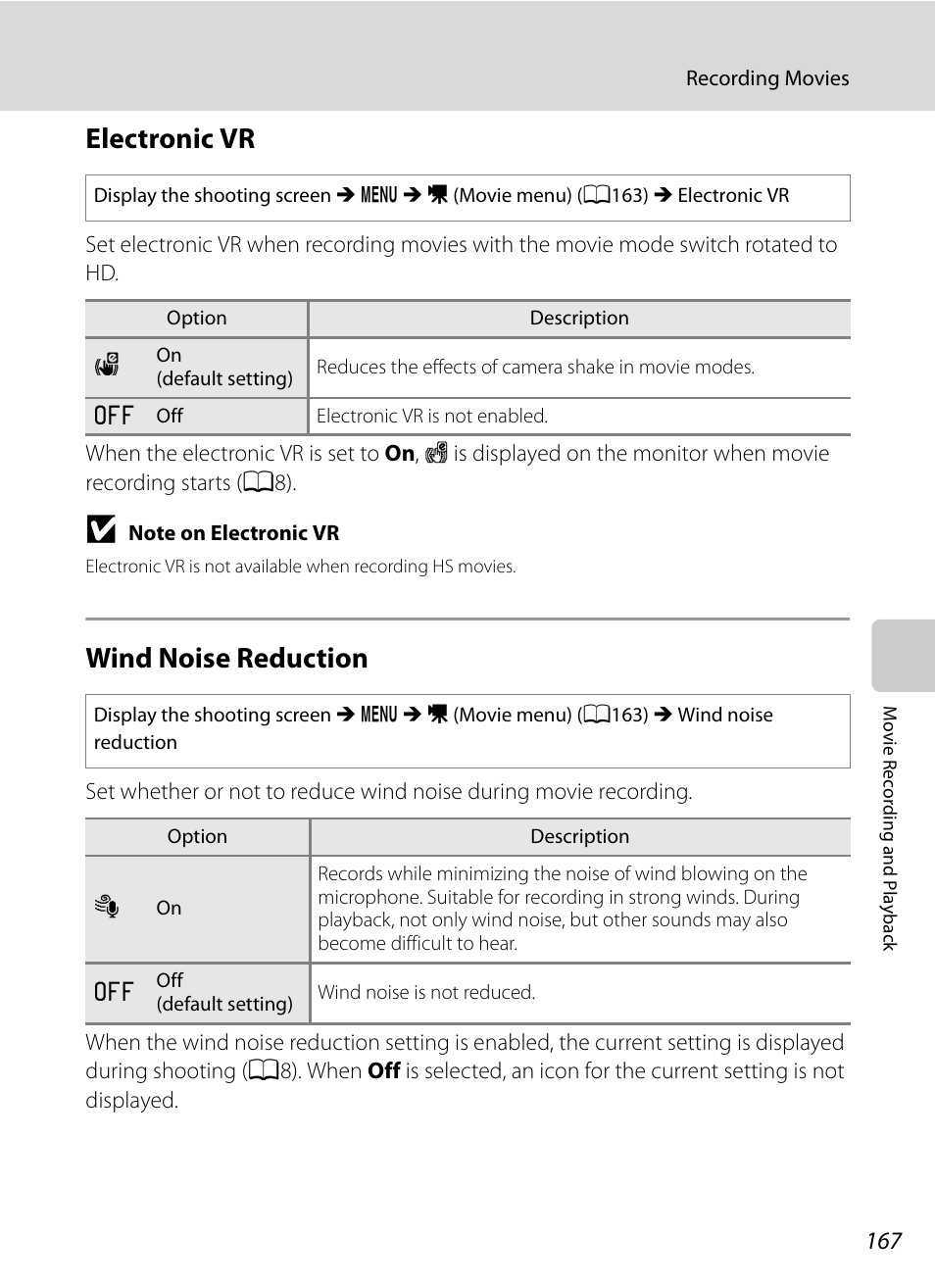 Electronic vr, Wind noise reduction, Electronic vr wind noise reduction | A167) in, A167 | Nikon COOLPIX P500 User Manual | Page 181 / 252