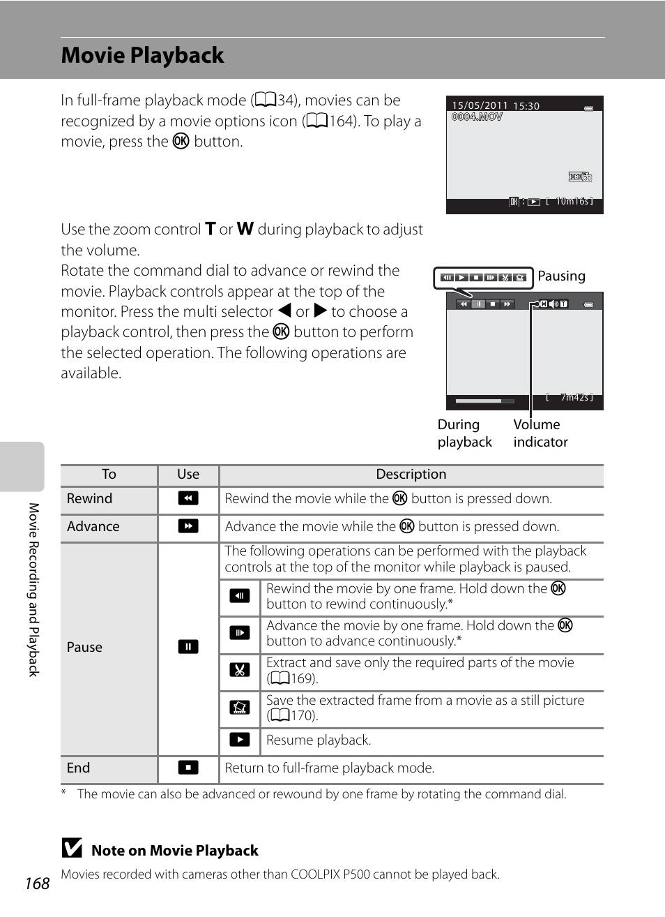 Movie playback, A168) | Nikon COOLPIX P500 User Manual | Page 182 / 252