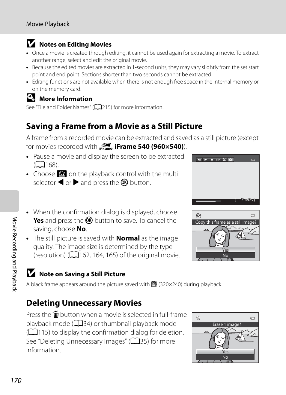 Saving a frame from a movie as a still picture, Deleting unnecessary movies, A170) | Nikon COOLPIX P500 User Manual | Page 184 / 252