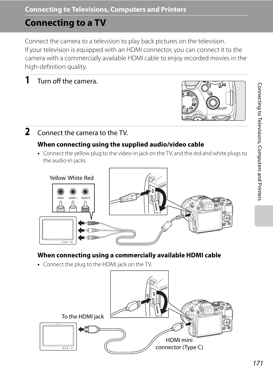 Connecting to televisions, computers and printers, Connecting to a tv | Nikon COOLPIX P500 User Manual | Page 185 / 252