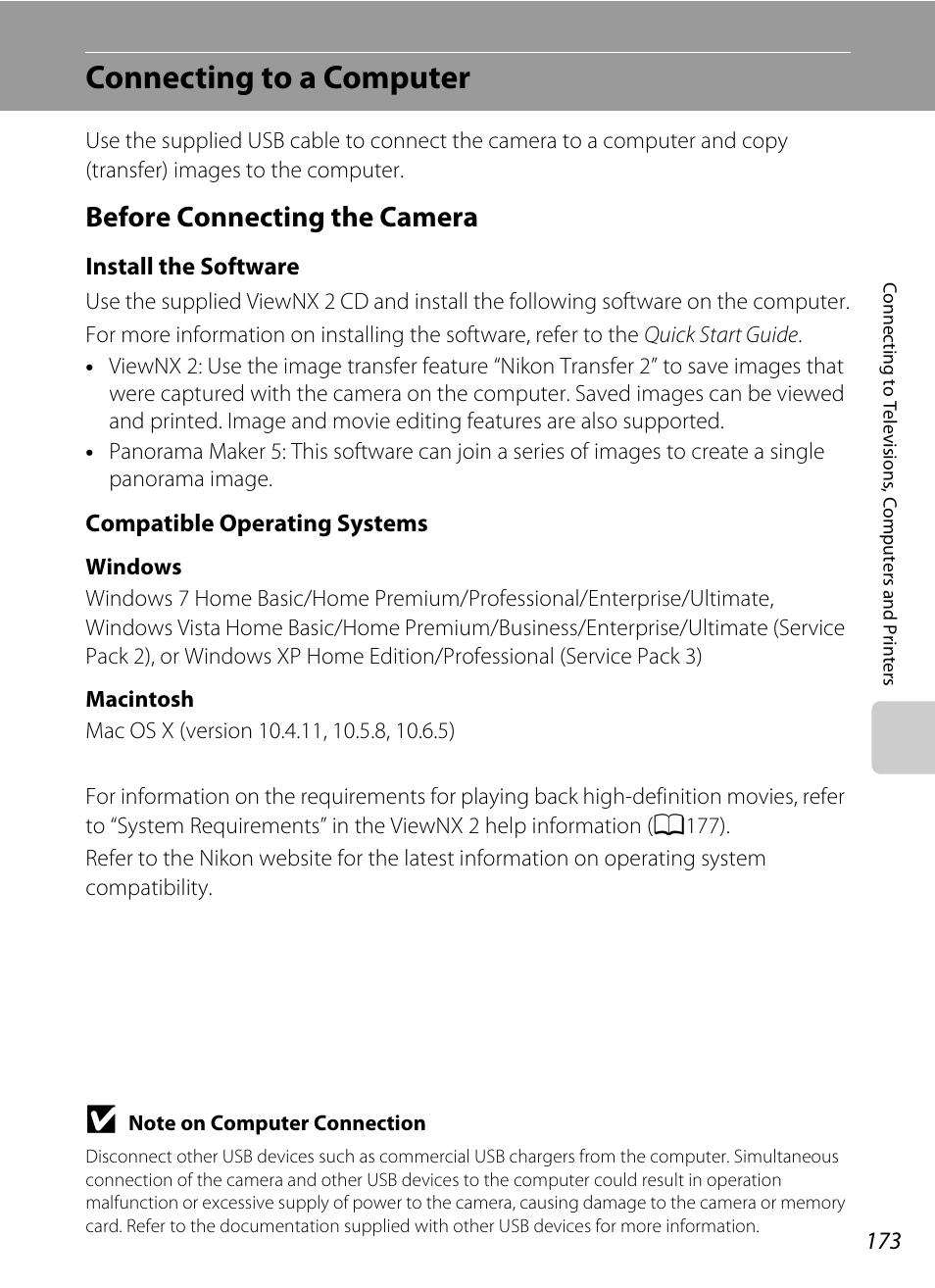 Connecting to a computer, Before connecting the camera | Nikon COOLPIX P500 User Manual | Page 187 / 252