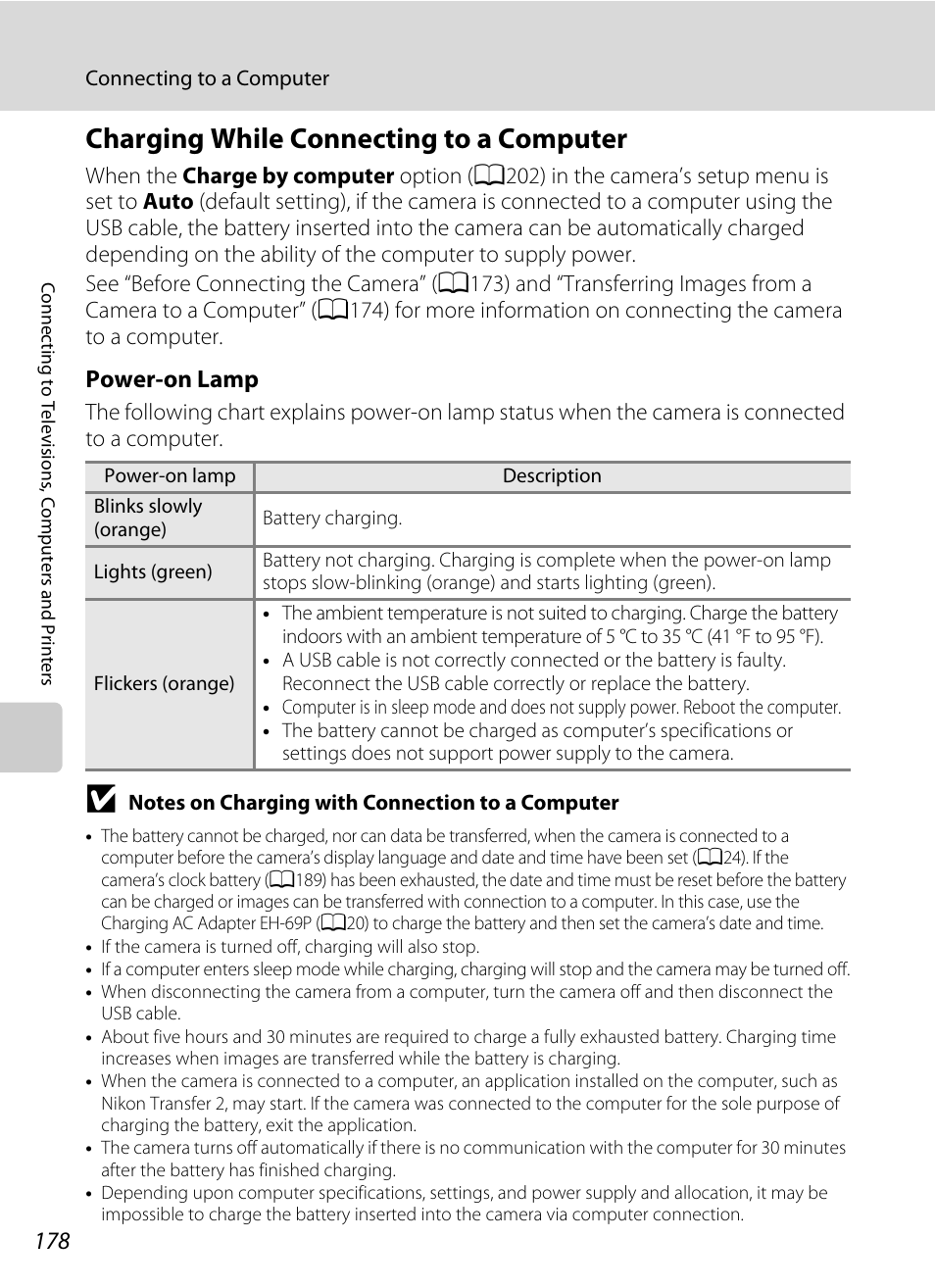 Charging while connecting to a computer, A178, 20, A178, 202) | Power-on lamp | Nikon COOLPIX P500 User Manual | Page 192 / 252