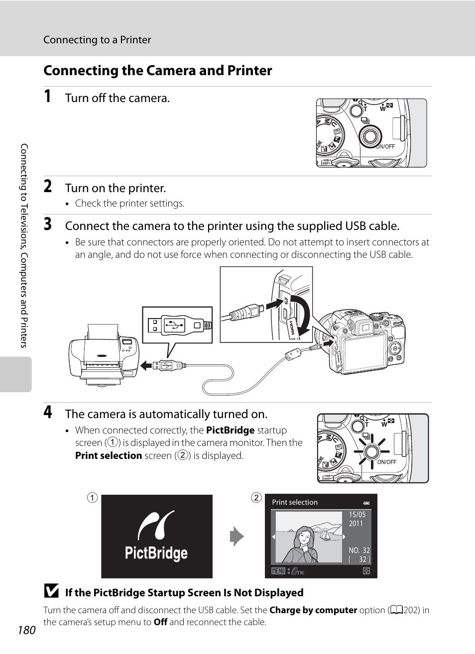 Connecting the camera and printer, A180) | Nikon COOLPIX P500 User Manual | Page 194 / 252