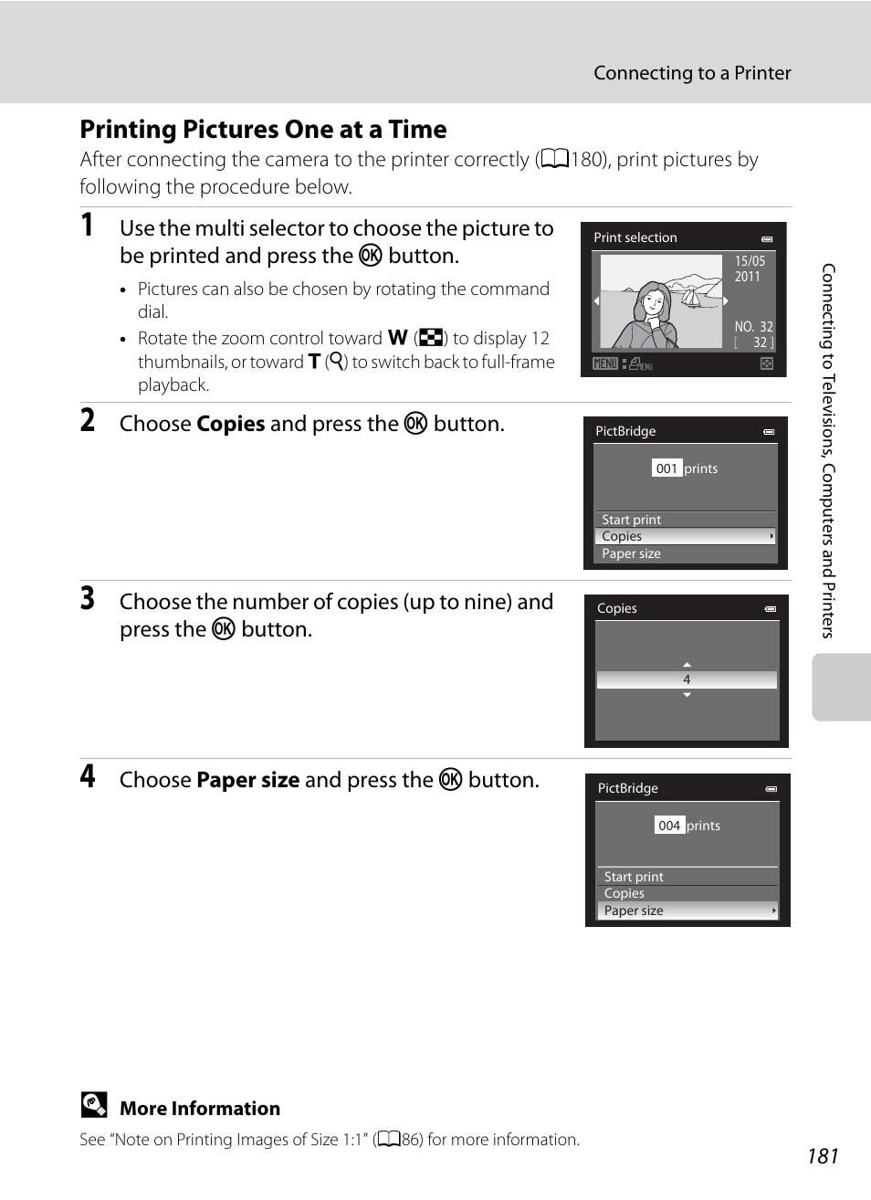 Printing pictures one at a time, A181), Choose copies and press the k button | Choose paper size and press the k button | Nikon COOLPIX P500 User Manual | Page 195 / 252