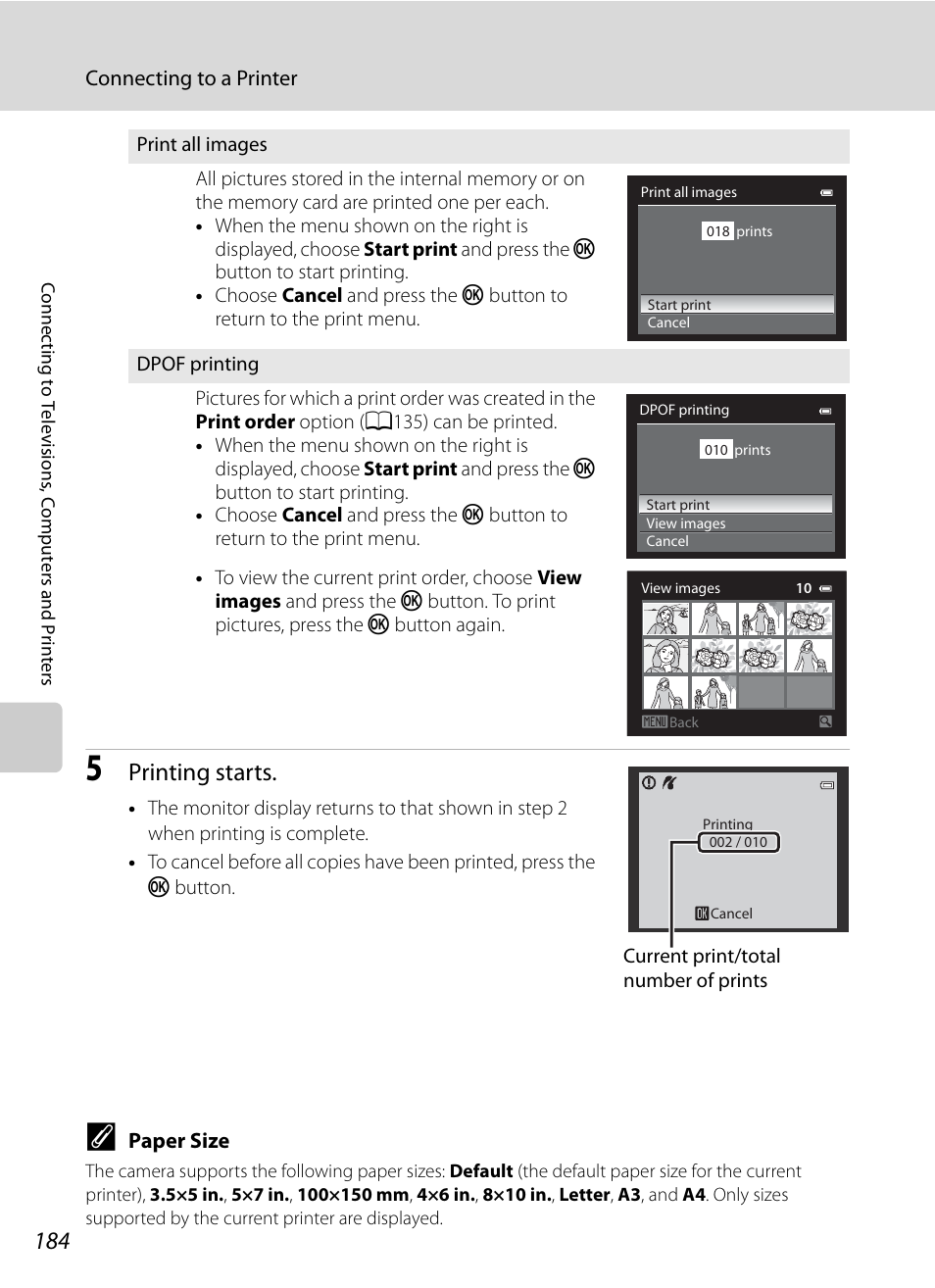 A184), Printing starts | Nikon COOLPIX P500 User Manual | Page 198 / 252