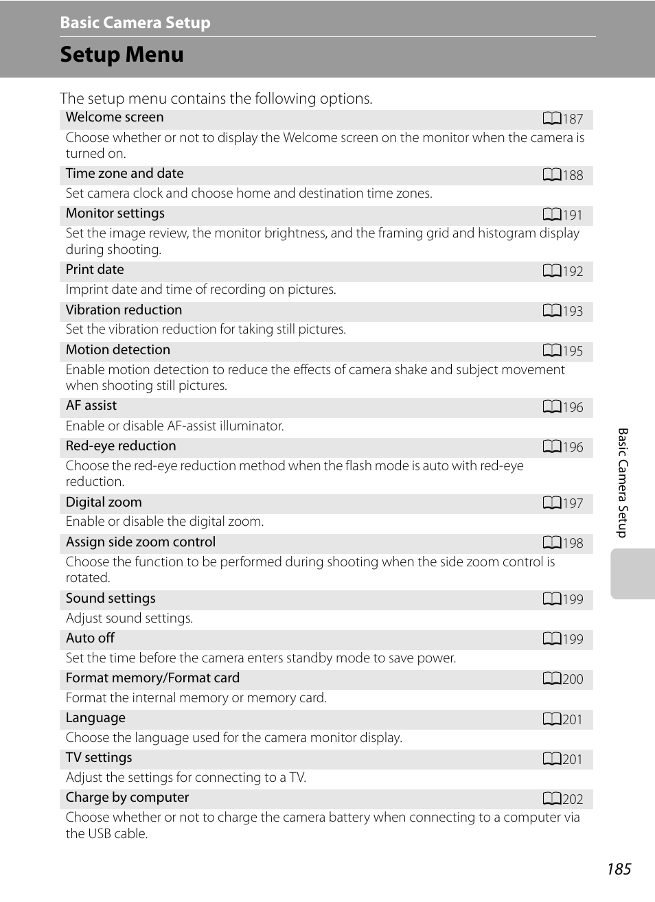 Basic camera setup, Setup menu, A185) | A185) f, Menu (a185), Tup menu (a185, A185) to, Tup menu (a185) | Nikon COOLPIX P500 User Manual | Page 199 / 252