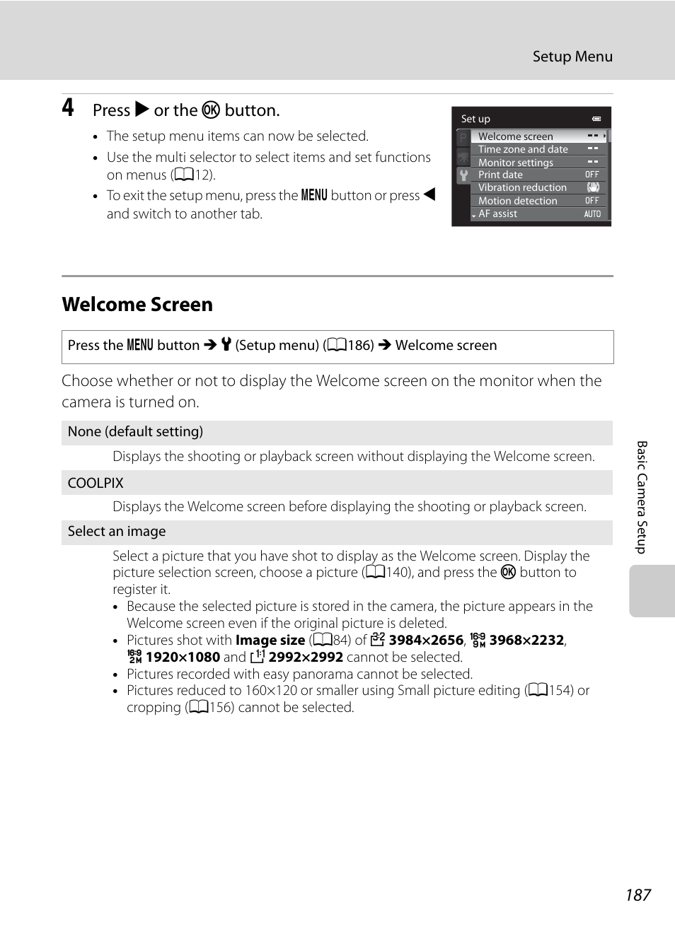 Welcome screen, A187), A187 | Press k or the k button | Nikon COOLPIX P500 User Manual | Page 201 / 252