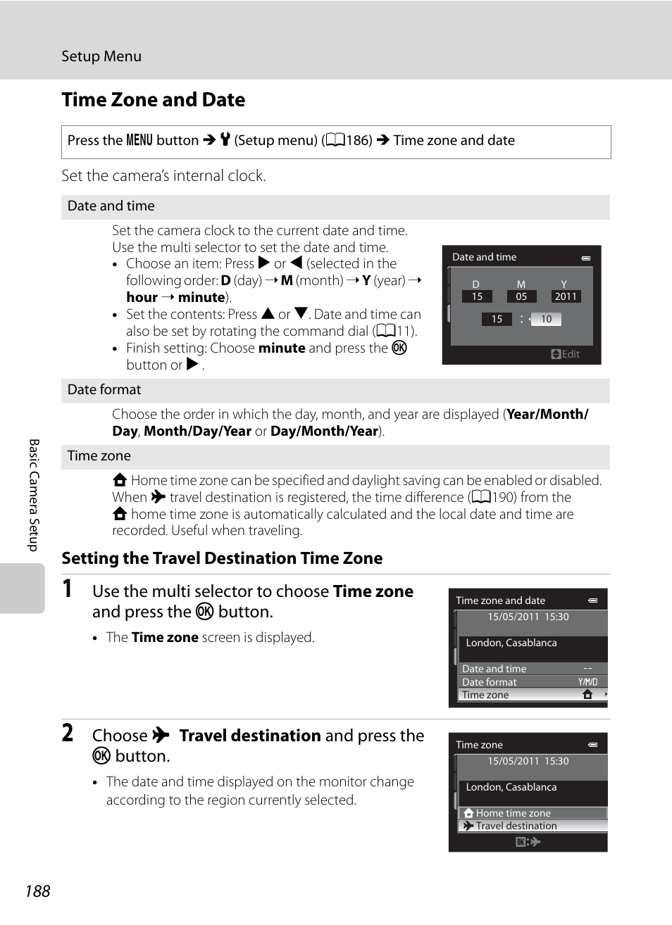 Time zone and date, A188) in, A188 | Setting the travel destination time zone, Choose x travel destination and press the k button | Nikon COOLPIX P500 User Manual | Page 202 / 252