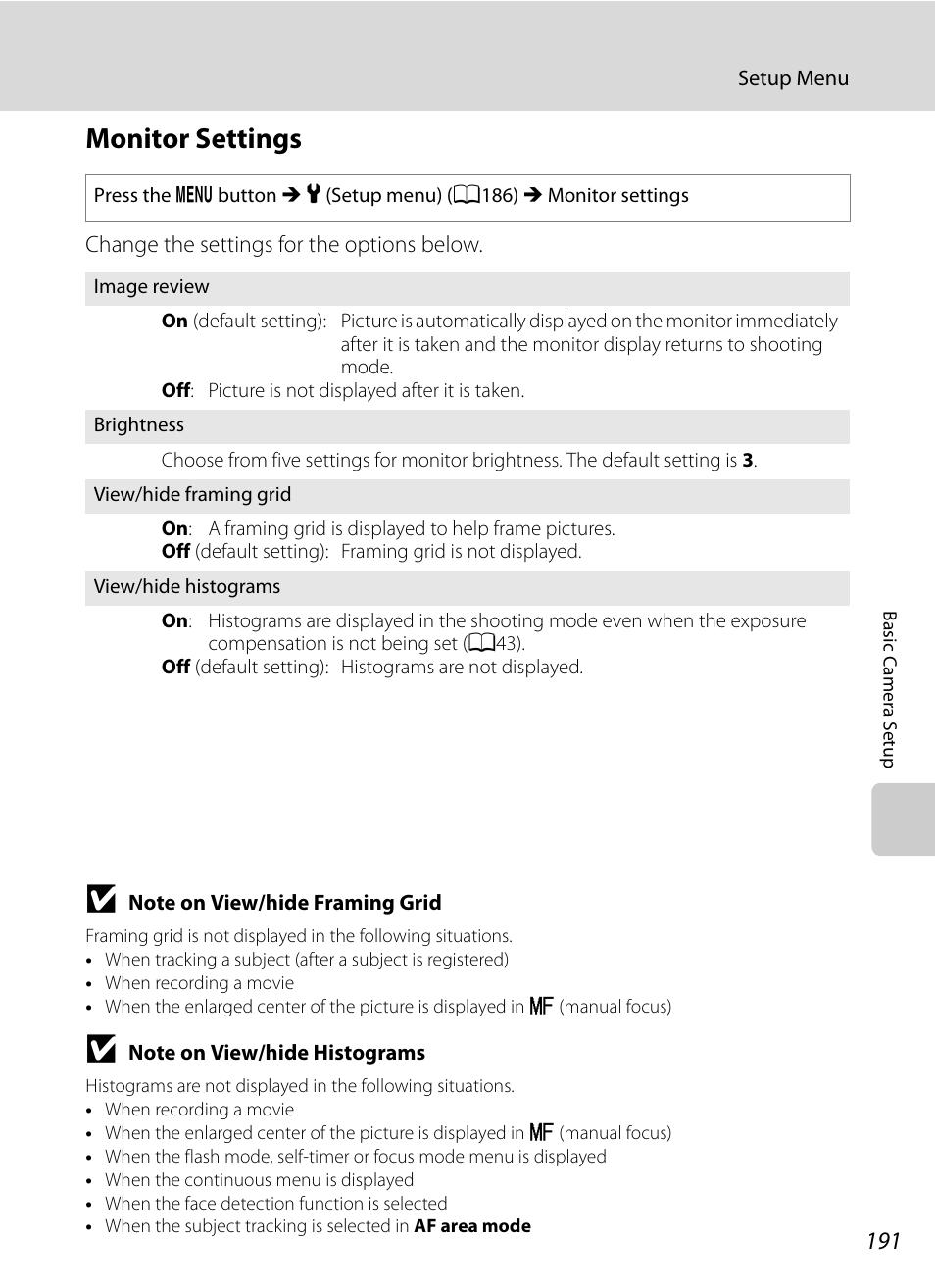 Monitor settings, A191 | Nikon COOLPIX P500 User Manual | Page 205 / 252