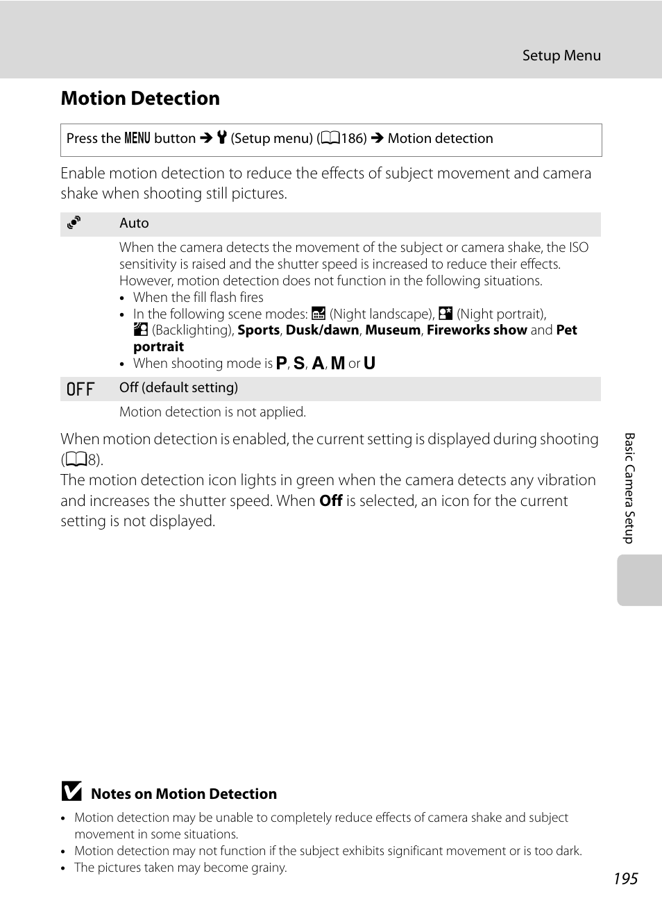 Motion detection, A195 | Nikon COOLPIX P500 User Manual | Page 209 / 252