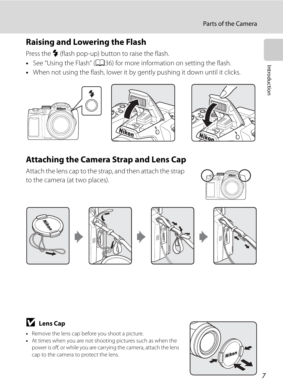 Raising and lowering the flash, Attaching the camera strap and lens cap | Nikon COOLPIX P500 User Manual | Page 21 / 252