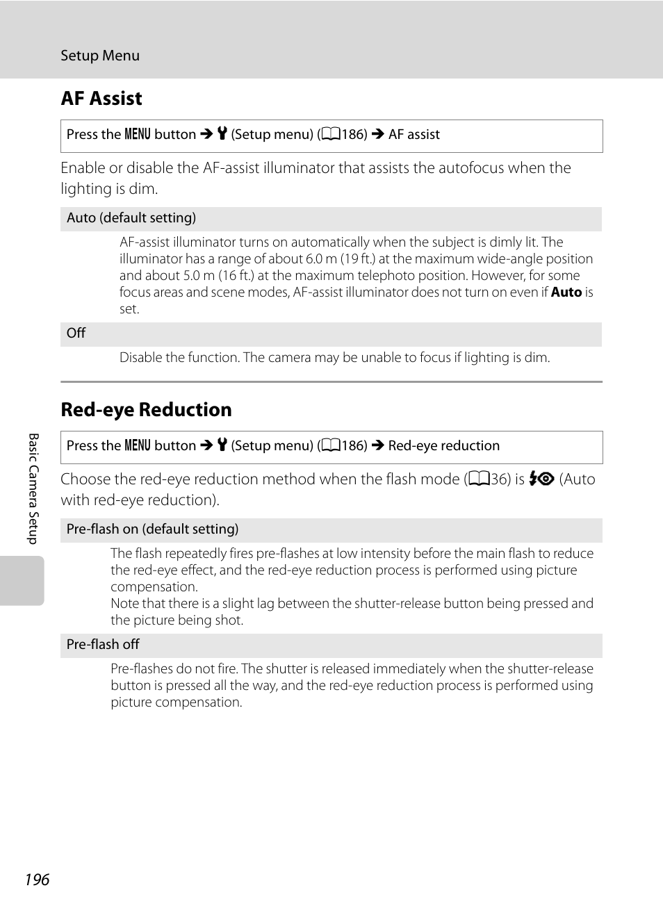 Af assist, Red-eye reduction, Af assist red-eye reduction | A196) in the, A196) does not light, A196), A196 | Nikon COOLPIX P500 User Manual | Page 210 / 252