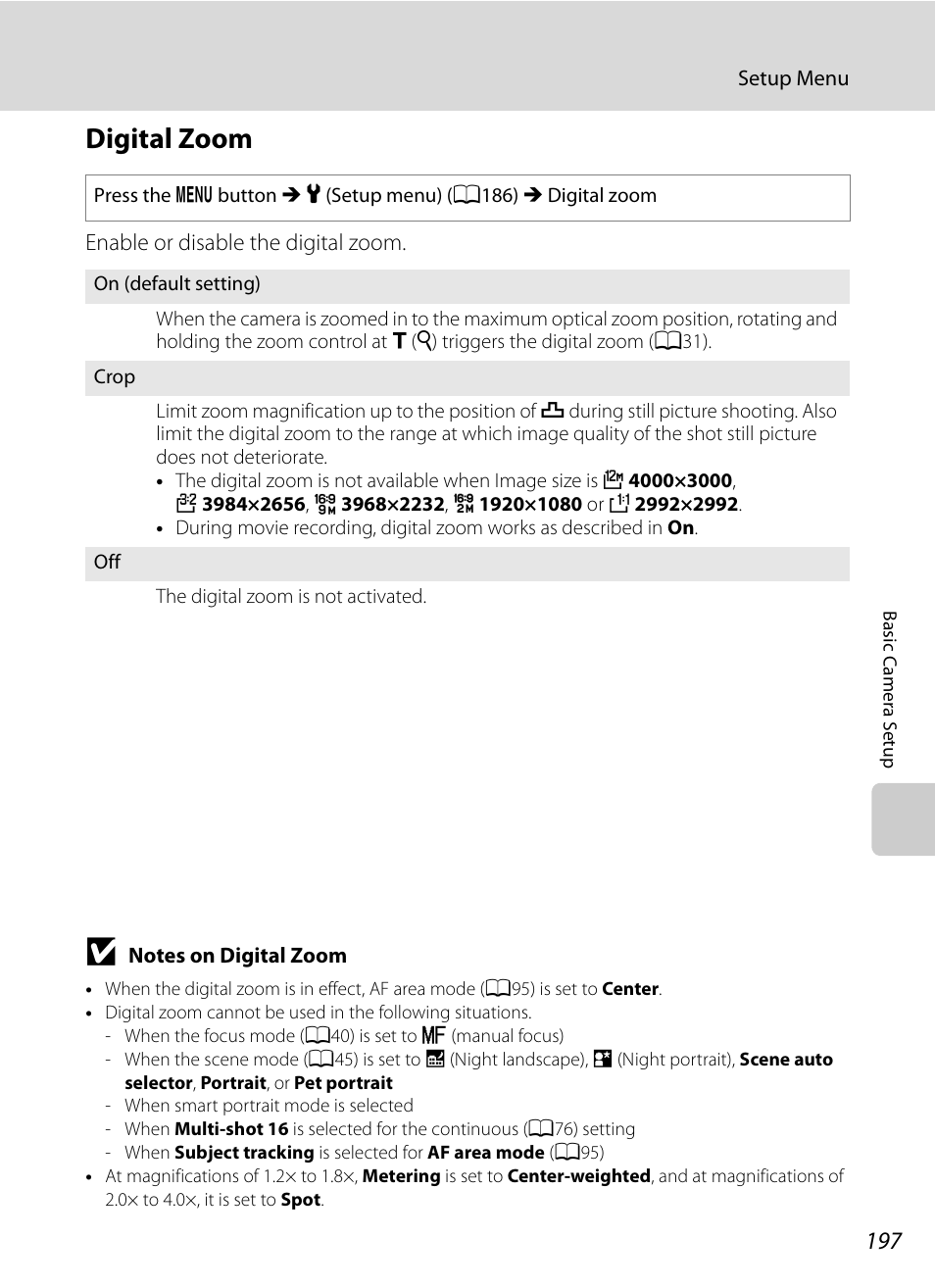 Digital zoom, A197), E “notes on digital zoom | A197) f, A197 | Nikon COOLPIX P500 User Manual | Page 211 / 252