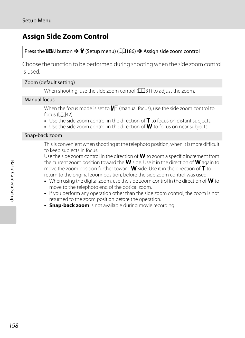Assign side zoom control, A198) in the setup, A198) | A198 | Nikon COOLPIX P500 User Manual | Page 212 / 252